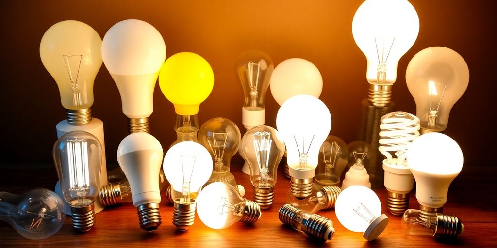 Various light bulbs in diverse styles on a table.