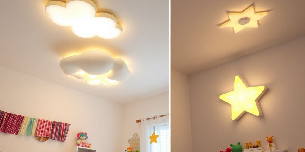 Colourful children's bedroom ceiling lights glowing.