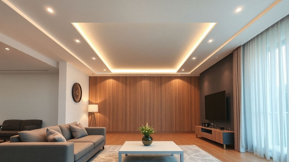 Modern living room with bright LED ceiling lights.