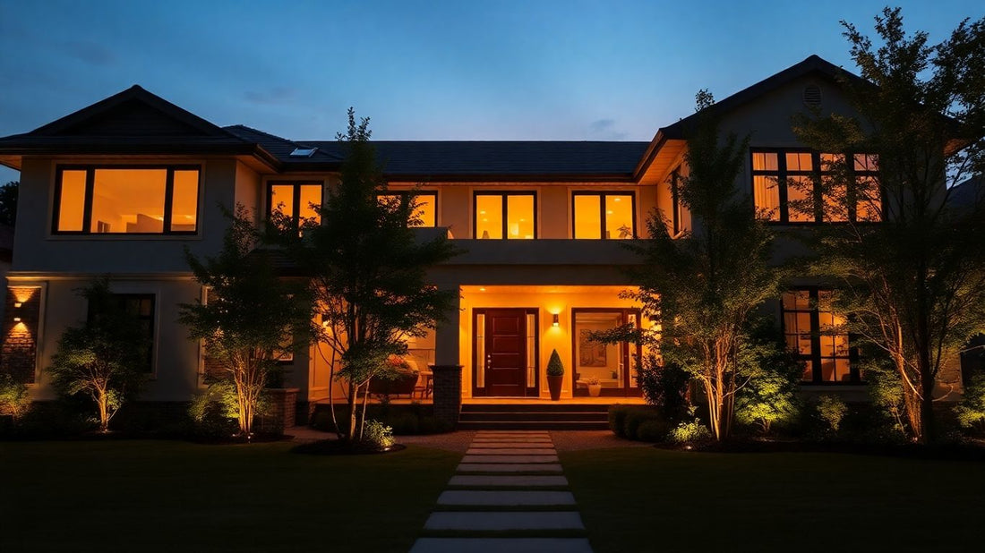 Illuminated house exterior at dusk.