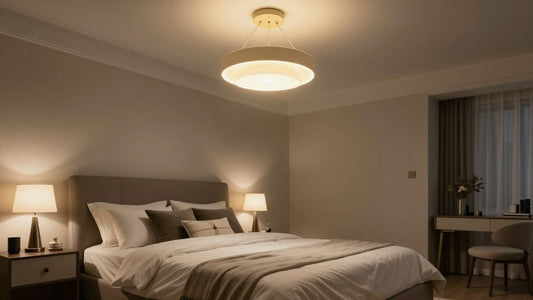 Stylish bedroom ceiling lamp casting warm light.