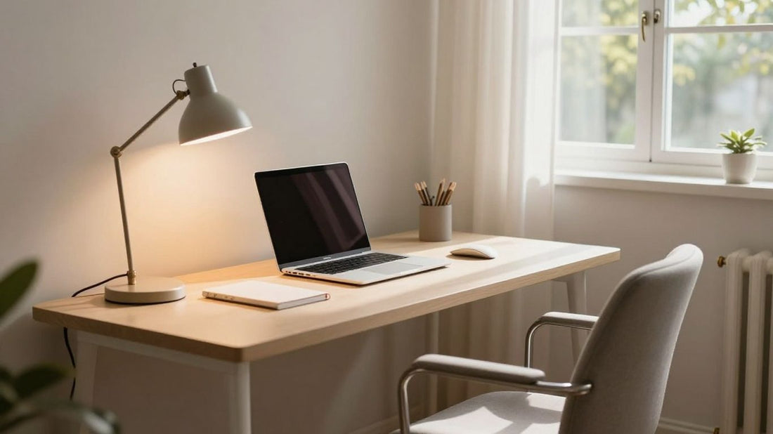 Bright, modern home office with desk and lamp.