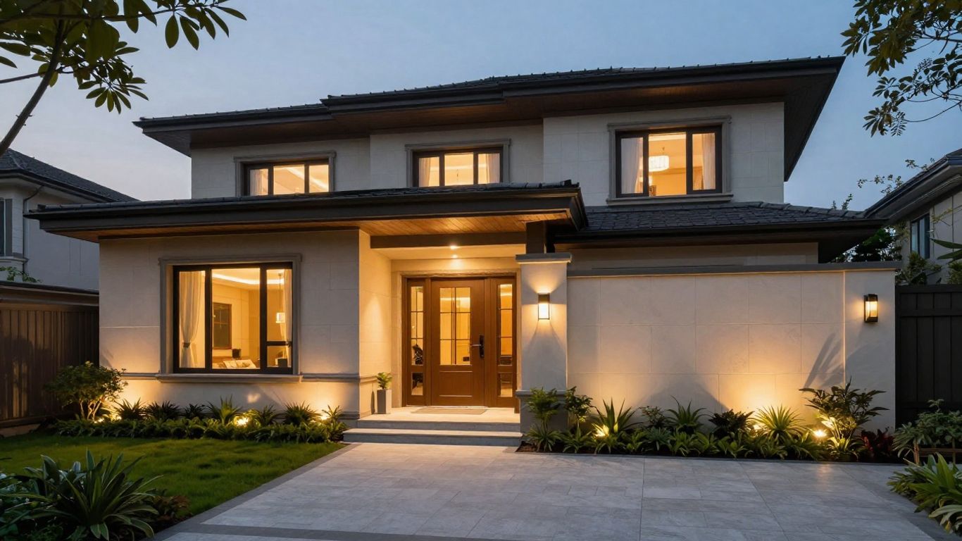 House exterior with stylish lights at dusk.