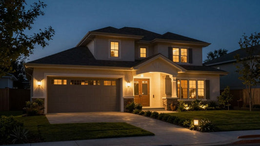 House exterior lit up at night.