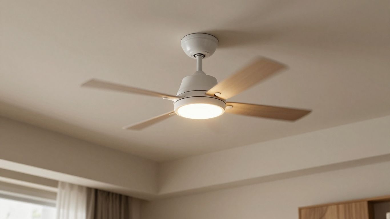 Stylish ceiling fan with lights in a modern living room.