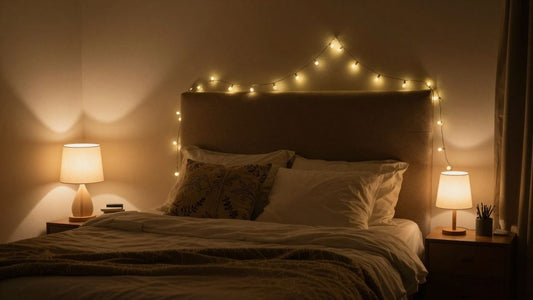 Romantic bedroom with soft, warm ambient lighting.