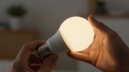 Flickering LED light bulb held in a hand.