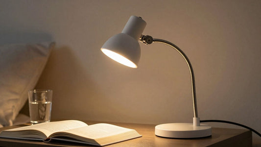 Clip-on lamp illuminating a book on a bedside table.