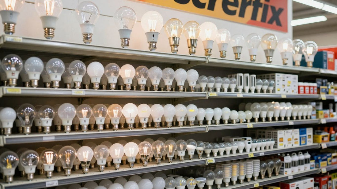 Screwfix store interior with many light bulbs on display.