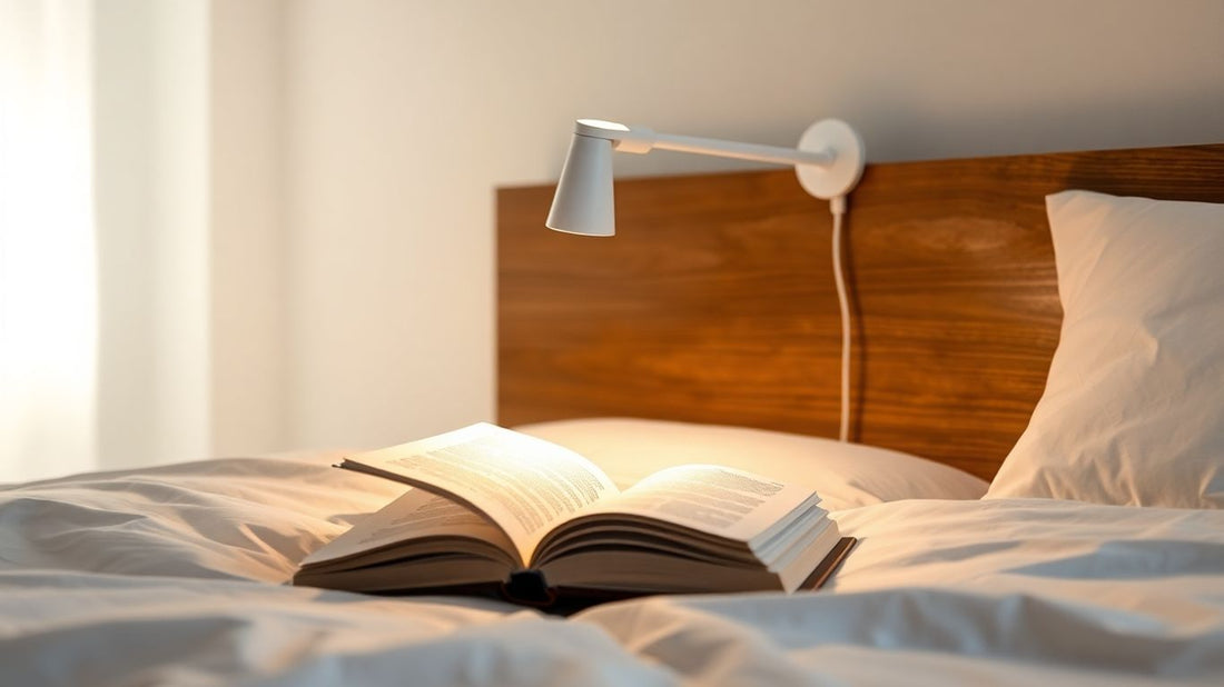 Modern bedside clip lamp illuminating book on bed at night
