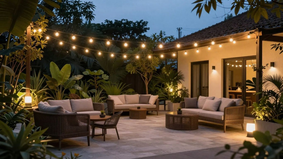 Patio lit up with decorative outdoor lights.