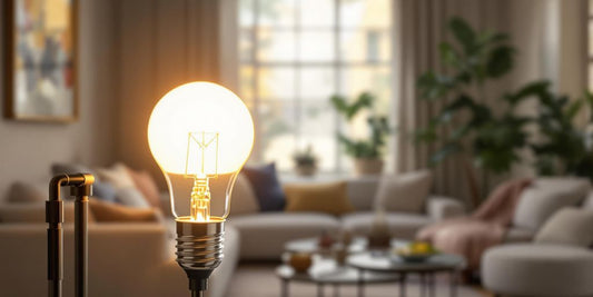 A glowing B22 light bulb in a stylish lamp.