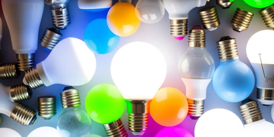 Colourful LED light bulbs in various shapes and sizes.