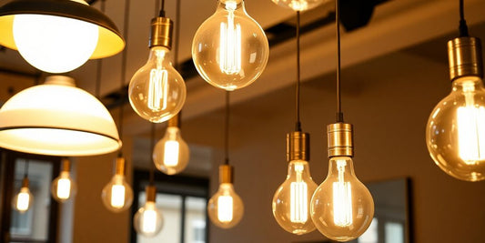 Modern interior with diverse bulb light lamps illuminating space.