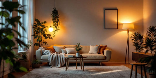 Bright living room with energy-efficient LED light bulbs.