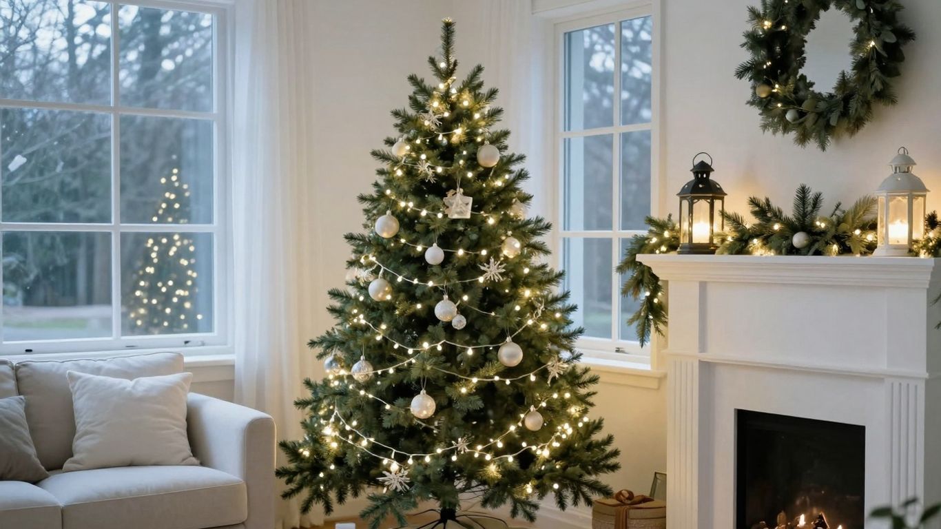 Cosy living room with twinkling Christmas lights and decorated tree.