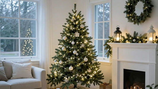 Cosy living room with twinkling Christmas lights and decorated tree.