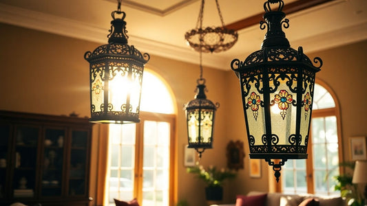 Ornate Mediterranean lanterns illuminating a sunlit living room.