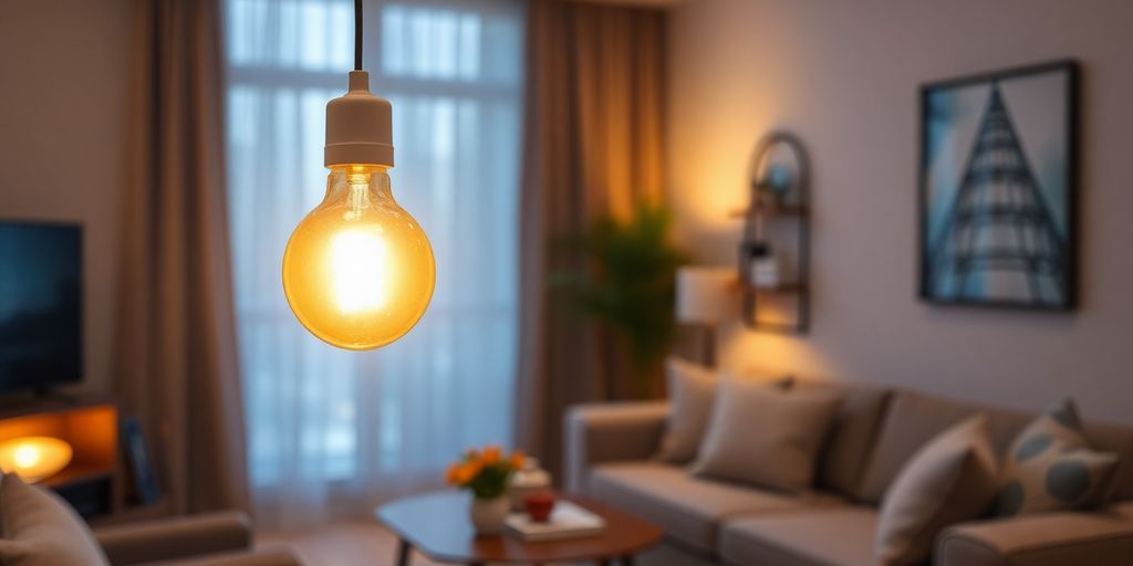 Bright E27 light bulb in a stylish home interior.