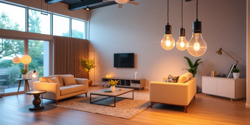 Energy-efficient LED bulbs in a stylish living room.