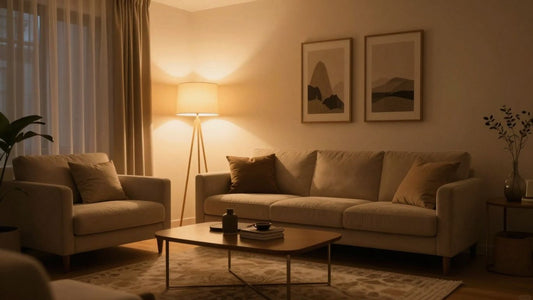 Warm ambient lighting in a stylish living room.