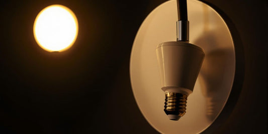 Glowing E27 smart light bulb in a modern lamp.