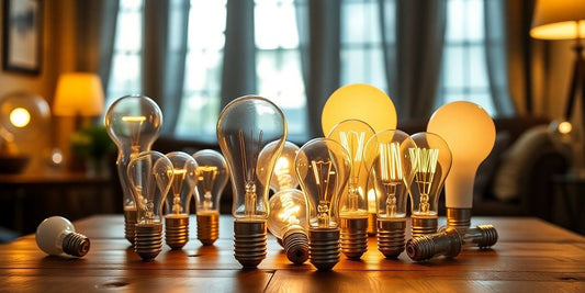 Various lamp bulbs on a table in a cozy setting.