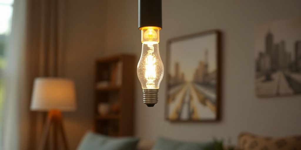 A 2W E27 LED bulb glowing in a lamp.