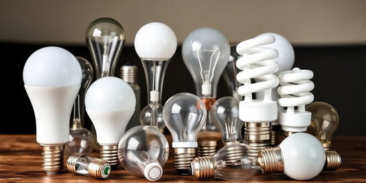 Different types of light bulbs on a wooden table.