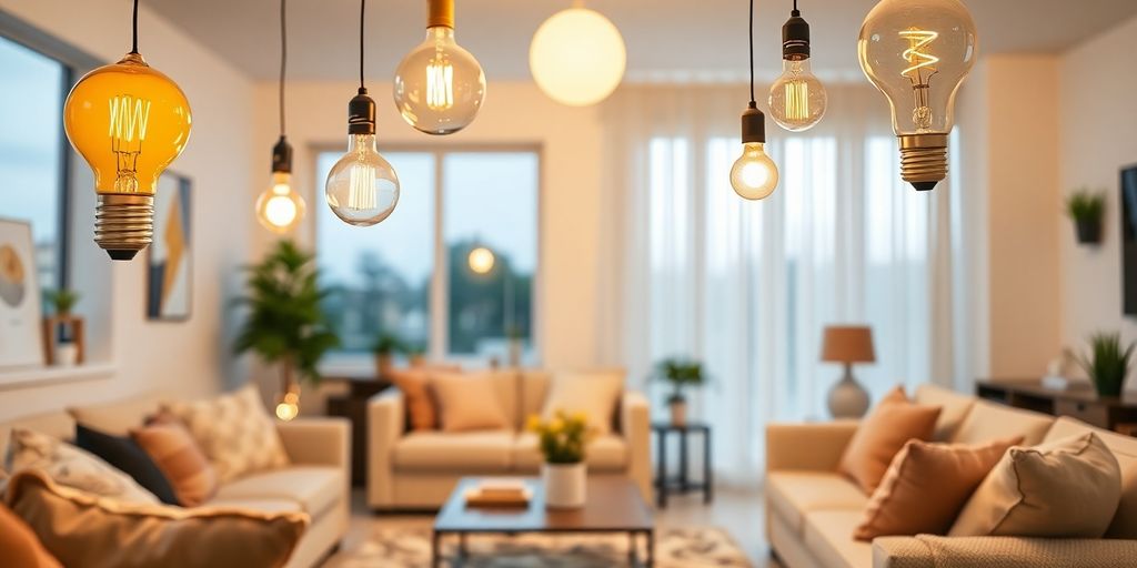 Stylish energy-efficient light bulbs in a modern living room.