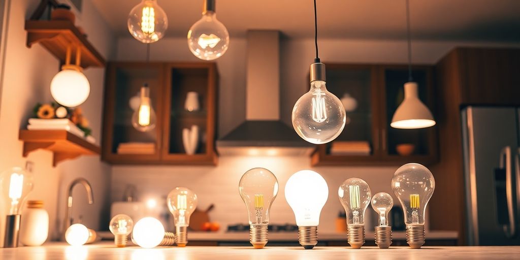 A variety of LED bulbs in a kitchen setting.