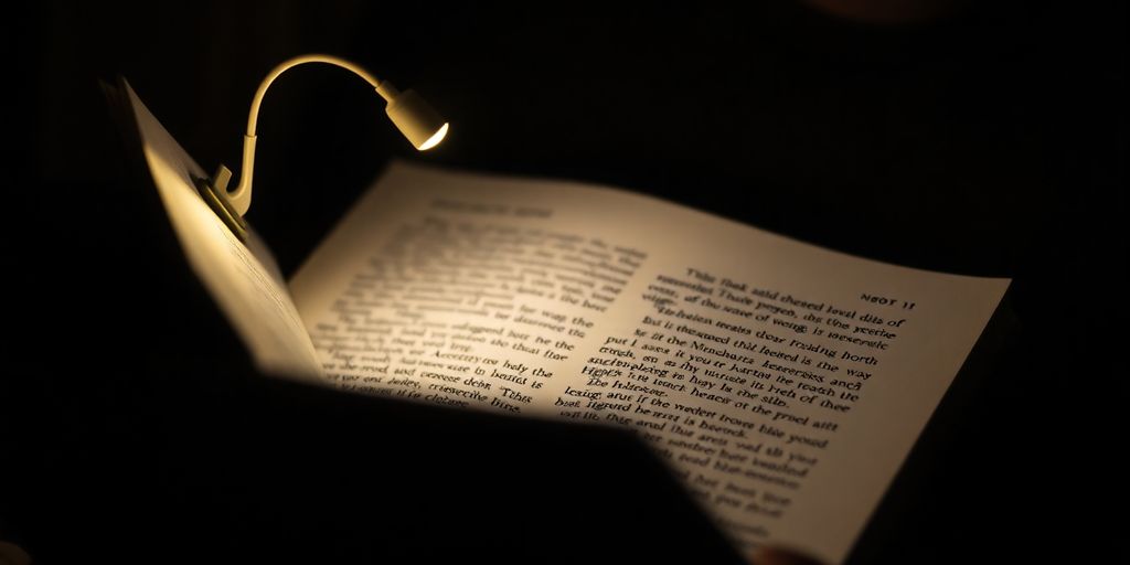 Clip-on book light illuminating a book page in dim lighting.