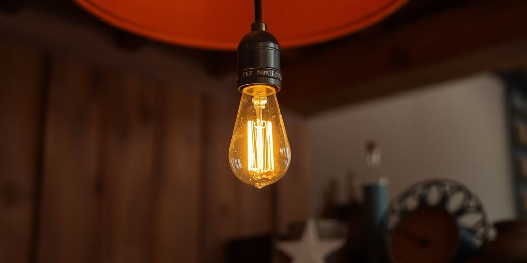 Glowing incandescent light bulb against a blurred wooden background.