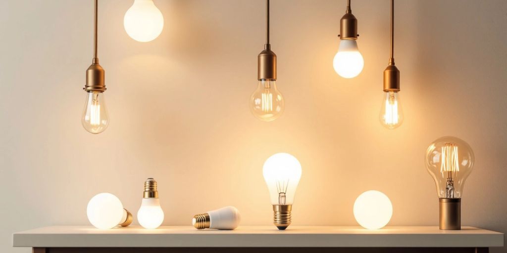 Various illuminated light bulbs on a stylish shelf.