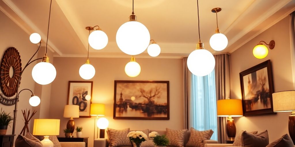 Modern living room with bright LED light globes.