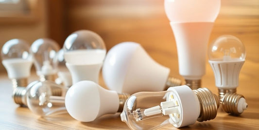 Various LED bulbs on a wooden surface for home use.