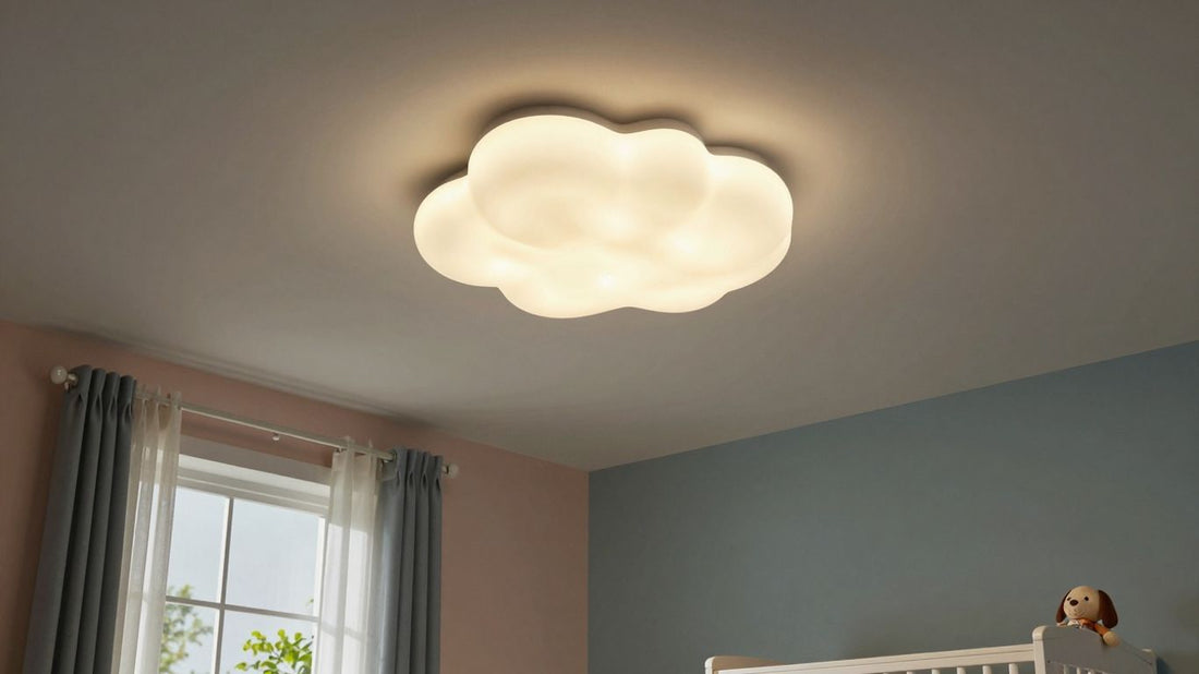 Whimsical cloud ceiling light in a bright nursery room.