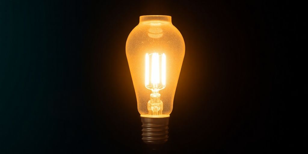 Bright E27 LED bulb glowing in dark setting.