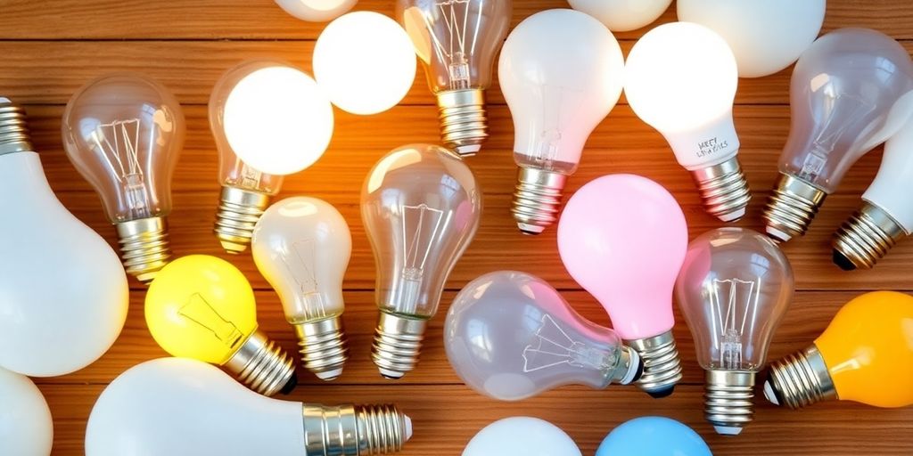 Assorted light bulbs on a wooden surface.