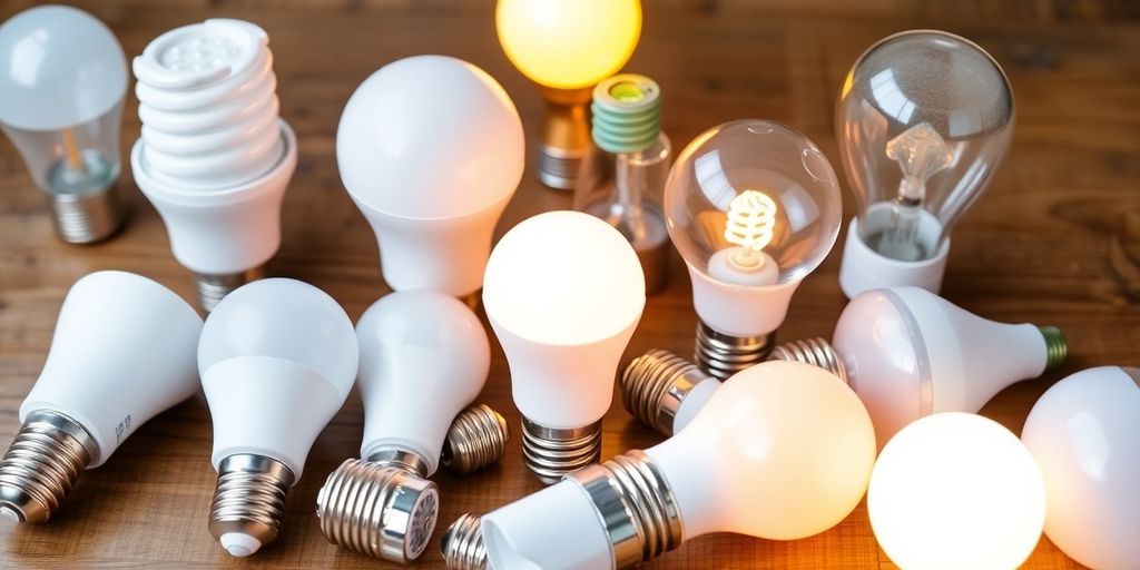 Various LED bulbs on a wooden surface with glowing light.