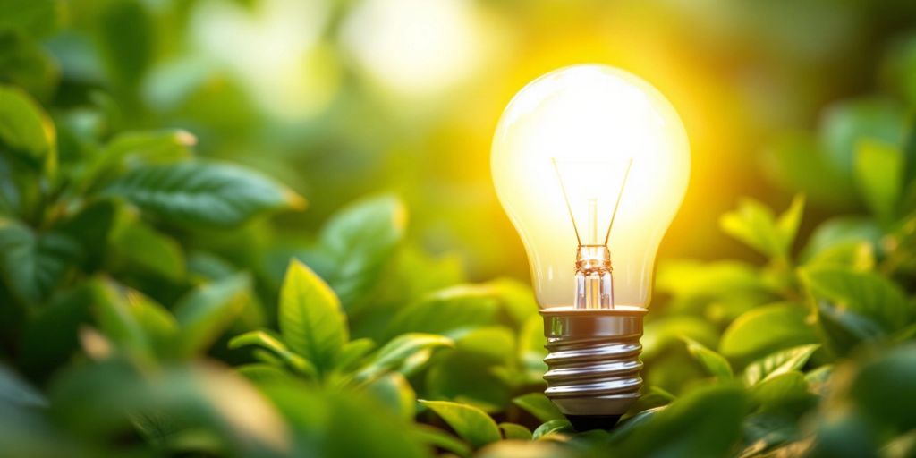 Eco-friendly light bulb among green plants in a home.