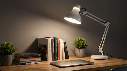 Clip-on desk lamp illuminating a workspace.