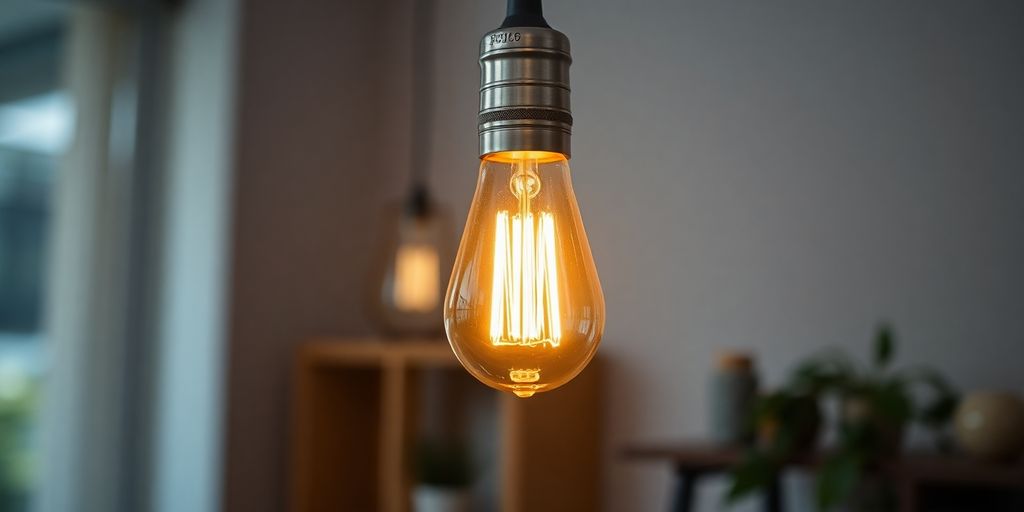 Vintage filament bulb emitting warm, ambient light in interior.