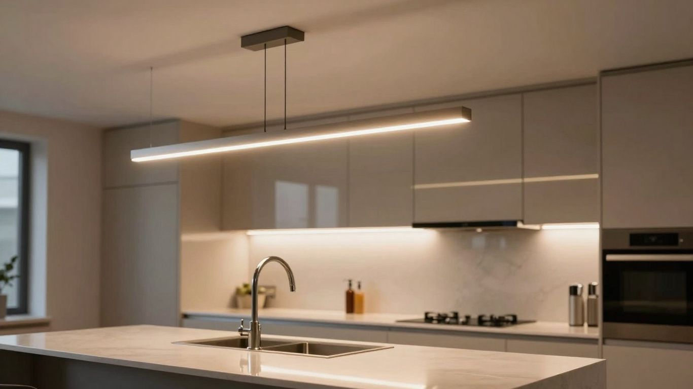 Stylish modern kitchen ceiling lights illuminating a sleek kitchen.