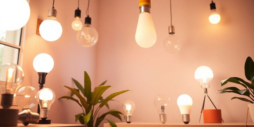 A variety of LED light bulbs in a bright room.