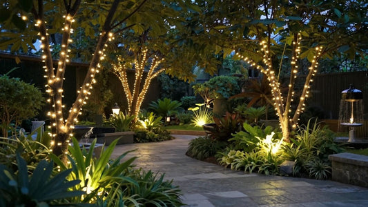 Garden lit up at night with string lights and uplighting.