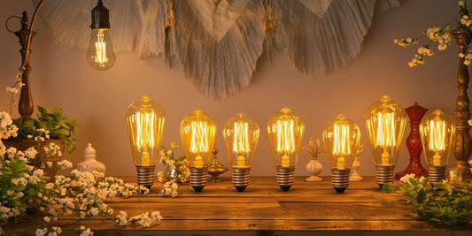 Vintage light bulbs glowing softly in a rustic setting.