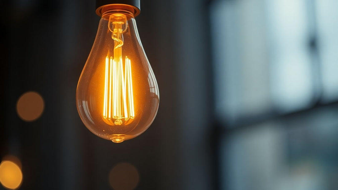Glowing LED filament bulb with visible warm filaments.