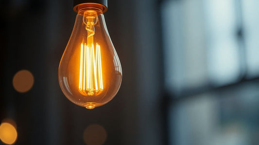 Glowing LED filament bulb with visible warm filaments.