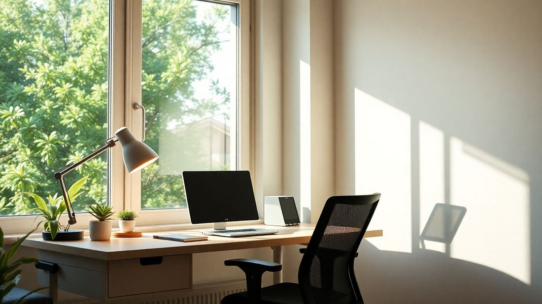 Bright home office with natural light and desk lamp.